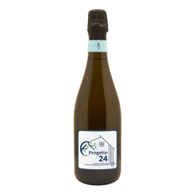 Bottiglia di Franciacorta Brut con etichetta quadrata personalizzata Progetto 24, fondo bianco e cornice blu